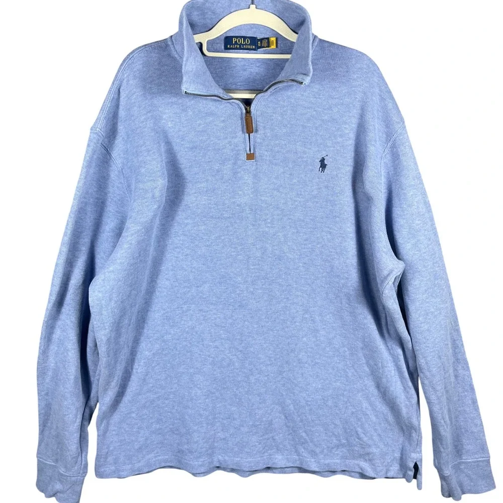 Polo Ralph Lauren Quarter Zip Pullover Mens XL Light Blue Heather Cotton Knit